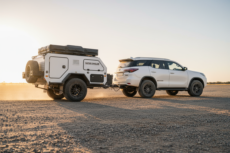 A clean, hyper-realistic side view of a white South African trailer attached to a Toyota Hilux or Toyota Fortuner on a flat open gravel area at sunrise. Soft golden light, long shadows, slight dust on the tyres and lower panels. Clear visible areas for hotspots such as axle, springs, coupler, jockey wheel and mudguards. Wide hero composition with plenty of space around the trailer for text and icons.