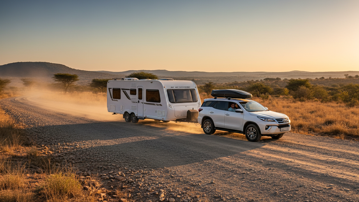 A hyper-realistic, cinematic wide shot of a white trailer or modern caravan being towed behind a Toyota Fortuner on a South African open road. Golden hour lighting with warm tones, long shadows and a subtle dust trail behind the wheels. The road should look slightly rugged with gravel texture to emphasise durability. The Fortuner and trailer must feel premium, clean and ready for travel. Background features soft rolling hills or bushveld. The visual story must communicate reliability, family travel