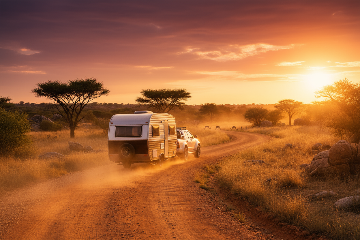 Caravan or trailer being towed by a bakkie on a gravel road at sunset. Warm light, golden sky, soft dust trail and South African bushveld scenery. Clean, realistic travel lifestyle scene. Wide hero-banner composition.