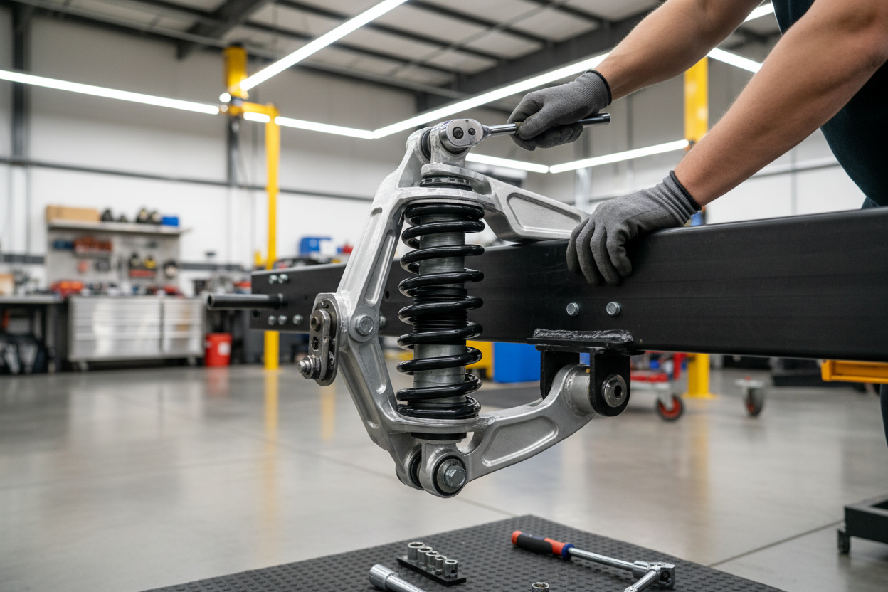 Centered close-up shot of a trailer axle or suspension component being installed by a technician, with only their hands and tools visible. The component is centered in the frame, clean workshop environment, bright lighting, realistic and precise. No faces or full people visible.