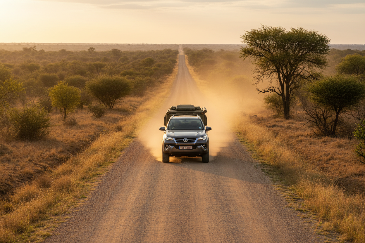 Centered shot of a trailer being towed by a Toyota Hilux or Fortuner on a clean gravel road in the South African bushveld. The trailer and bakkie are positioned in the middle of the frame, captured during warm golden-hour lighting. Light dust, soft natural tones and wide landscape view. Clean, premium, and suitable for a company history section.