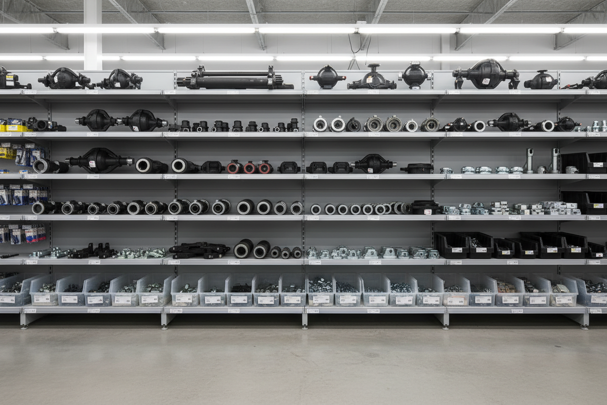 Centered shot of neatly arranged trailer and caravan components displayed on clean grey industrial shelving inside a bright retail environment. The components are centered and clearly visible, including axles, couplers, bearings and accessories. Clean lighting, organised layout, no people.