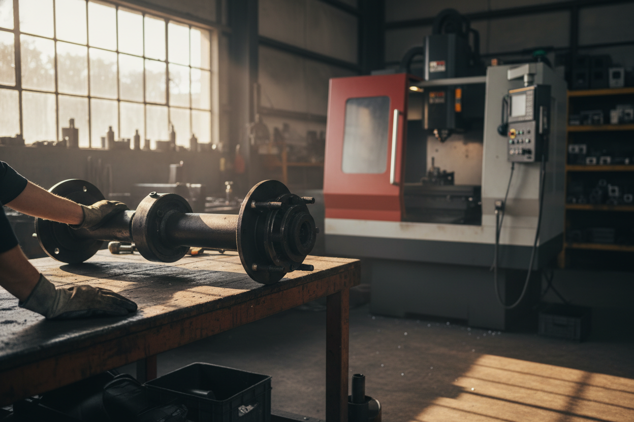 Close-up lifestyle shot inside a South African workshop where a technician’s hands are inspecting or placing a trailer axle component onto a workbench. Soft sunlight coming through a workshop window, CNC machine blurred in the background. Metal textures, red and grey industrial tones, authentic and realistic manufacturing environment.