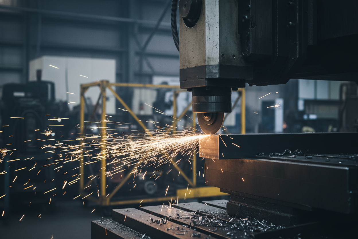 Close-up shot of metal being cut on a CNC machine or grinder with bright sparks flying. Sharp detail on the metal edge, industrial workshop background with dark grey tones. No people. High contrast, professional engineering environment.
