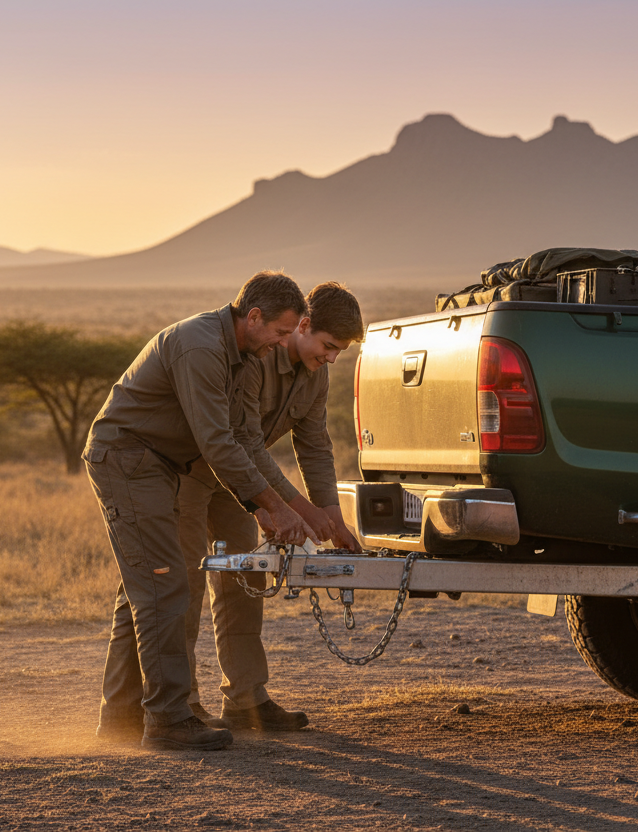 Outdoor scene of a father and son attaching a trailer to a bakkie at golden hour. Warm light, soft shadows, South African setting, reliable strong components implied through the setup.