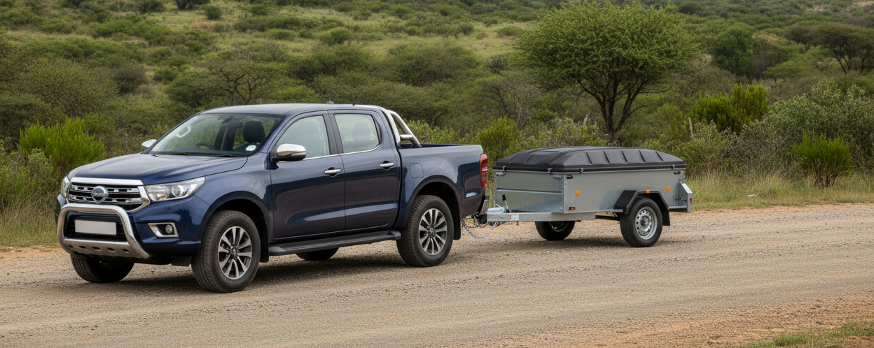 Photorealistic wide banner image of a South African bakkie towing a compact utility trailer that looks the same as the attached reference image. The trailer must match the reference shape, size, lid style, wheel position, and proportions. Realistic towing setup with correct hitch and safety chains. Clean gravel road, green South African landscape, natural daylight. Simple, realistic commercial photography style with space for a shop page heading.