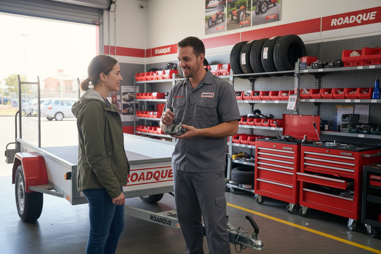 Realistic scene of a technician and a customer standing next to a trailer in a well-lit workshop or parts store. Technician explaining a component using a small part in his hand. Friendly interaction, clean environment, subtle Roadque red accents. Hands-on, helpful guidance atmosphere.