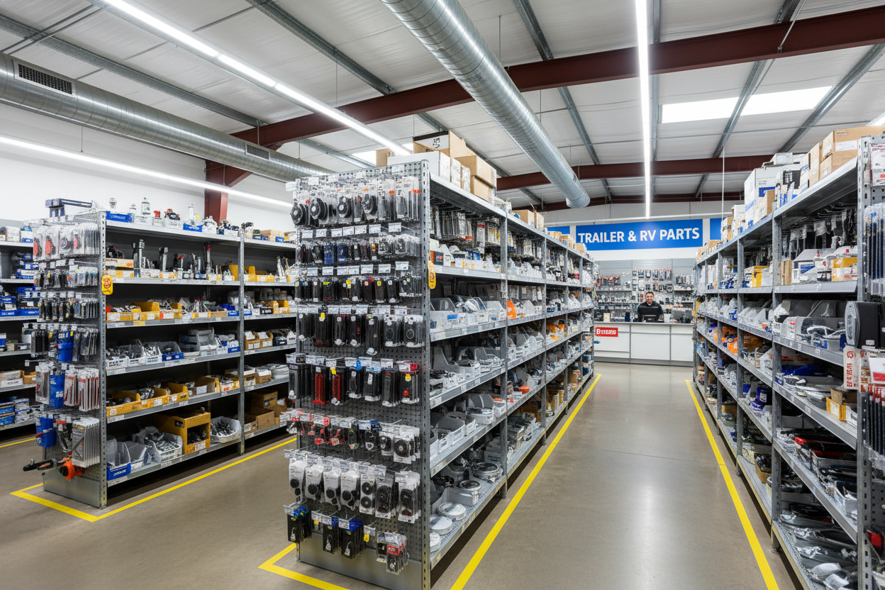 Wide-angle shot of organised shelves filled with trailer and caravan components. Neatly arranged items, clean retail environment, industrial textures, bright lighting, clear sense of variety.