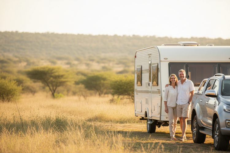 Wide landscape image where the left two-thirds shows a very soft, lightly blurred South African bushveld scene with pale greens, soft beige grasses and bright natural daylight. Minimal detail, clean and airy, suitable for text overlay. The right one-third shows a happy South African couple standing beside a clean beige caravan hitched to a bakkie. Warm golden-hour lighting, smiling faces, relaxed travel mood. Clean, premium, lifestyle composition with gentle colour harmony between the bushveld and caravan